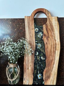 Handmade Wooden & Epoxy Resin Charcuterie Board with Real Pressed Flowers