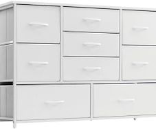 White Chest of Drawers for Bedroom, 9 Drawer Fabric Dresser Storage Organizer, Wide Dresser TV Stand for Bedroom, Living Room, Entryway, Nursery