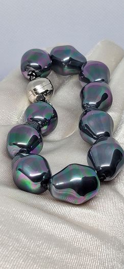 Peacock Color Shell Pearl Bracelet (Size - 8) in Rhodium Overlay Sterling Silver