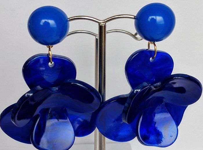Cobalt Blue Lucite 3D Floral Earrings
