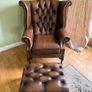 Vintage Genuine Brown Leather Chesterfield Wingback Armchair and Matching Footstool Image 4