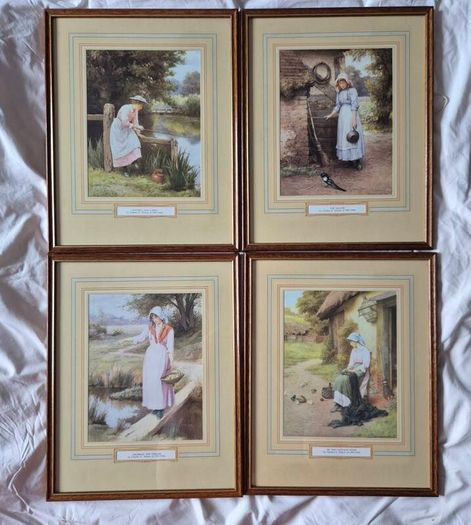 Set of 4 Vintage Charles E. Wilson Framed Art Prints - Idyllic British Country Life Scenes