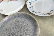 3 DIFFERENT PLATES - 1- Biscuit plateVintage Royal Grafton 1950s English Bone China Cake Plate 22.00 euro. 2- Biscuit plate Vintage 1960s, Colclough Linden Pattern Bone China .15.00 euro.3- Denby Halo Speckle Gray Coupe Dinner Plate 15.00 euro.