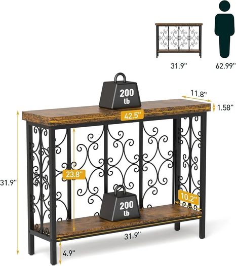 Console Table - 42.5" Industrial Hallway Table with 2-Tier Storage Shelf, Wood Behind Sofa Table Plant Stand Shelf TV Stand for Entryway, Living Room, Foyer, Rustic Brown