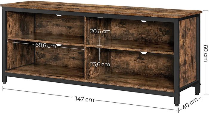 _TV Cabinet, TV Shelf, Lowboard for TVs up to 65 inches, 4 Open Compartments, Adjustable Shelves, Industrial Design, Vintage Brown/Black