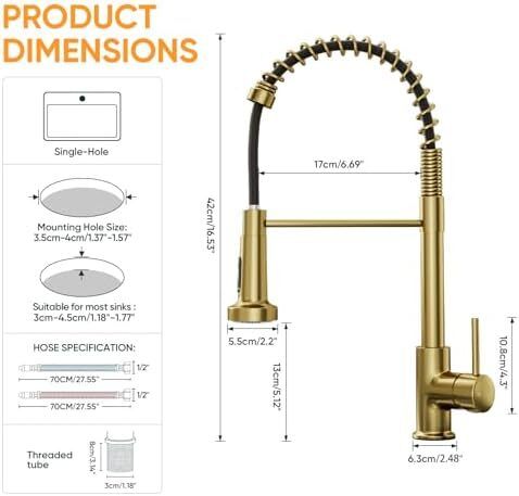 Gold Kitchen Mixer Tap with Pull-Out Spray, 2-Function Spring Faucet, 360 Swivel High-Arc Design, Hot & Cold Water