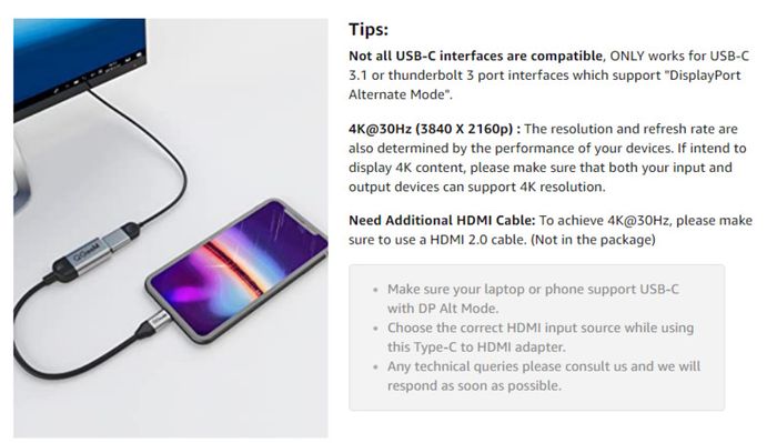 QGeeM USB-C Type (Thunderbolt 3 Compatible) HDMI Female (UHD 4K/30Hz) Gold-Plated/Nylon Braided/Aluminum Alloy Adapter Cable (Brand New/Warranty)
