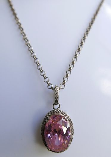 Vintage Sterling Silver 925 PINK OVAL CRYSTAL PENDANT NECKLACE Pea Chain traditional necklace length 20" - 14,8g