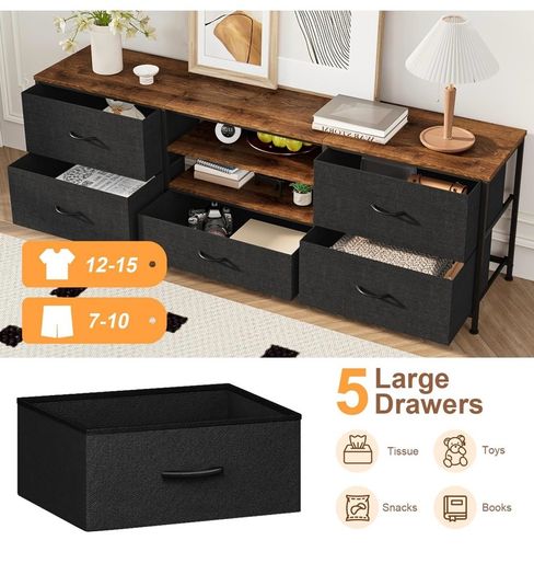 TV Stand Cabinet, TV Unit with 5 Drawers, 140 cm, Black TV Console Table with Storage Organizers, Entertainment Center with Open Shelf for Living Room, Bedroom