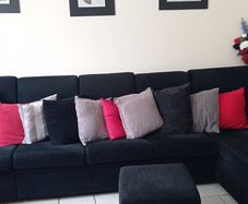 L shape sofa and armchair c/w 3 footstools