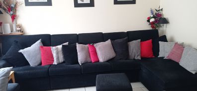 L shape sofa and armchair c/w 3 footstools
