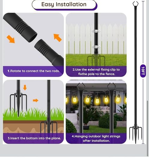 4pack 3M String Light Pole, Metal Outdoor String Light Pole, Suitable for Courtyard,Backyard,Garden,Patio,Party,Wedding Hanging Light Pole,Rustproof and Sturdy with Hooks.