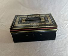 Vintage Tin Cash Box Money Safe - Black with White Stripes - 1930s