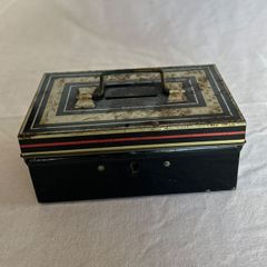 Vintage Tin Cash Box Money Safe - Black with White Stripes - 1930s