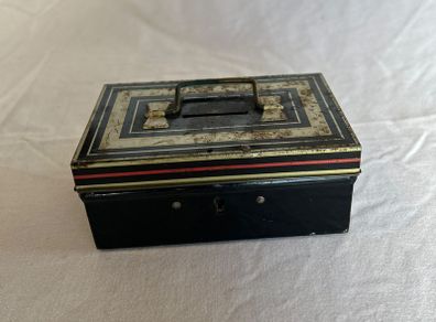 Vintage Tin Cash Box Money Safe - Black with White Stripes - 1930s