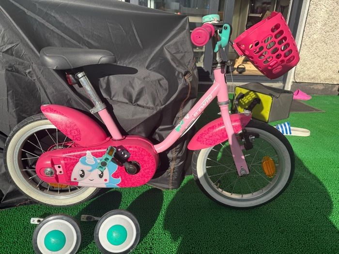 Decathlon B'TWIN 14" Kids Bike (Pink / Unicorn) + Basket, Bell & Stabilisers