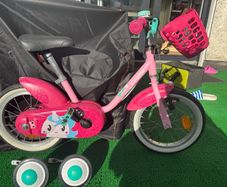 Decathlon B'TWIN 14" Kids Bike (Pink / Unicorn) + Basket, Bell & Stabilisers