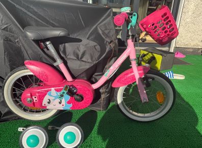 Decathlon B'TWIN 14" Kids Bike (Pink / Unicorn) + Basket, Bell & Stabilisers