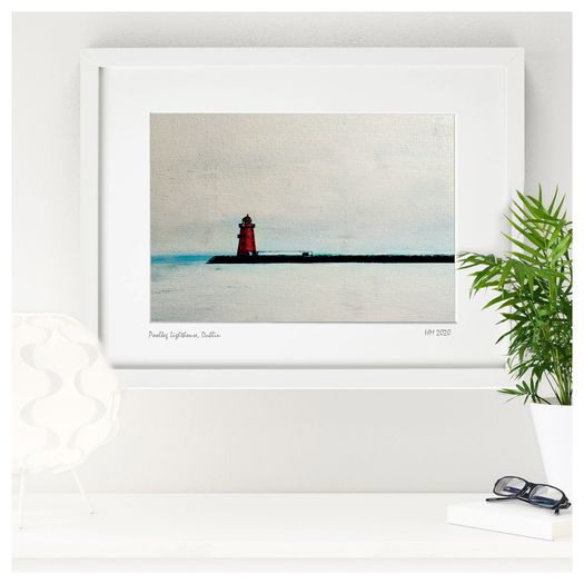 Grey Day, Poolbeg Lighthouse, Dublin, White Frame Print by artist Helen Mathews