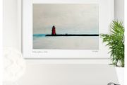 Grey Day, Poolbeg Lighthouse, Dublin, White Frame Print by artist Helen Mathews
