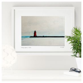 Grey Day, Poolbeg Lighthouse, Dublin, White Frame Print by artist Helen Mathews