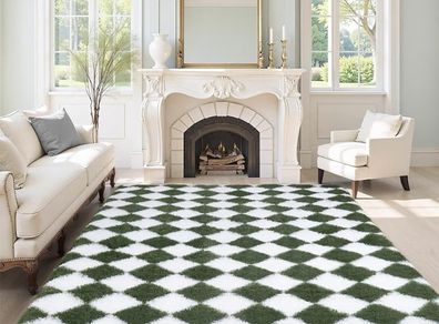 Fluffy Rugs Living Room Bedroom Shaggy Geometric Green Rug 120x170cm  Modern Hexagonal Pattern Rug, High-Pile Fluffy Carpet for Cosy Homes Lounge Nursery Non Slip Non Shed Soft Rug for for Kids