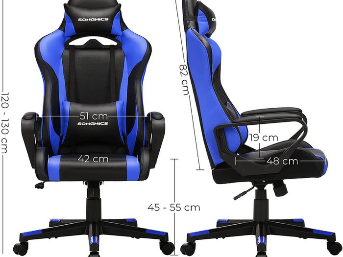 Gaming Chair, Desk Chair, Computer Chair, Office Chair, Removable Headrest, Lumbar Cushion, Height-Adjustable, Rocker Function, Maximum Load 150 kg, Ergonomic, Black-Blue