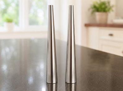 Two small stainless steel condiment shakers