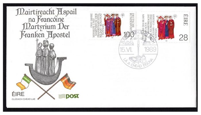 1989 Ireland 1300th Anniversary of the Martyrdom of Irish Missionaries to Germany (Franconian Apostles) Combination stamps An Post First Day Cover (FDC)