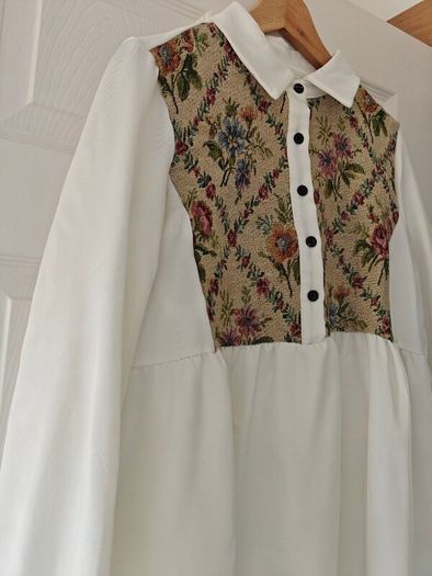 Floral long sleeve blouse for women, elegant bottoned neck, casual wear, white,