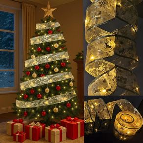 Christmas Tree Lights, Gold 6m Christmas Tree Ribbon String Fairy Lights for Tree Christmas Decorations, Battery Warm White 60 LED Ribbon Christmas Lights Indoor for Xmas Tree Decorations