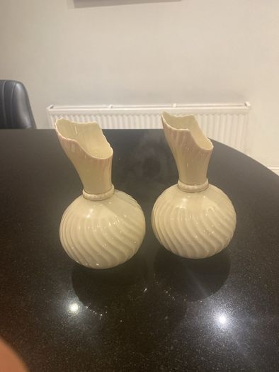 Pair of Beleek Irish wear vases  with a pale pink trim