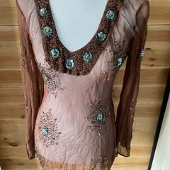 womens silk brown top blouse sequins designer Olivier Strelli size 10