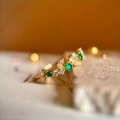 Brand New 18k Solid Yellow Gold Ring - Natural Emeralds & Diamonds (Size L1/2 / US 6)