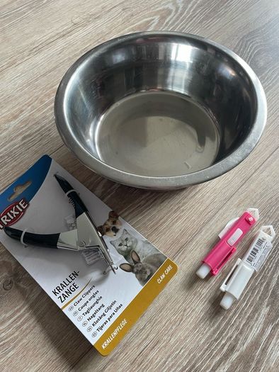 Dog cat pet accessories stainless steel feeder bowl, claw clippers,  flea and tick remover tool tweezers bundle
