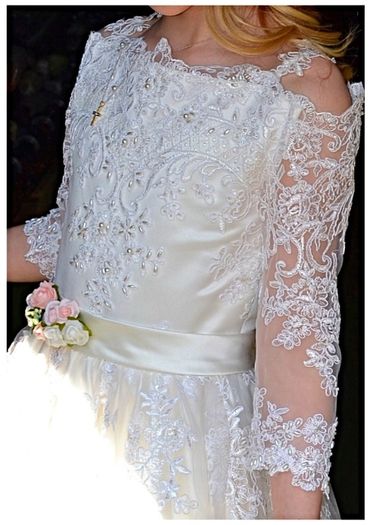 Communion handmade full lace dress with bag & vintage umbrella