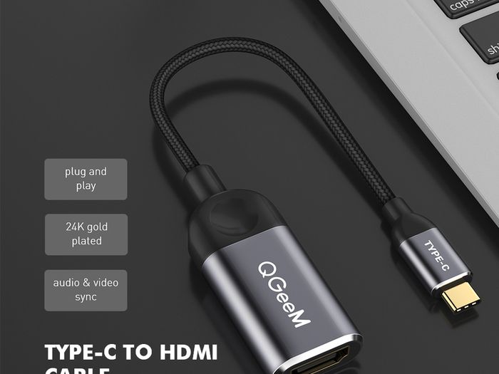 QGeeM USB-C Type (Thunderbolt 3 Compatible) HDMI Female (UHD 4K/30Hz) Gold-Plated/Nylon Braided/Aluminum Alloy Adapter Cable (Brand New/Warranty)