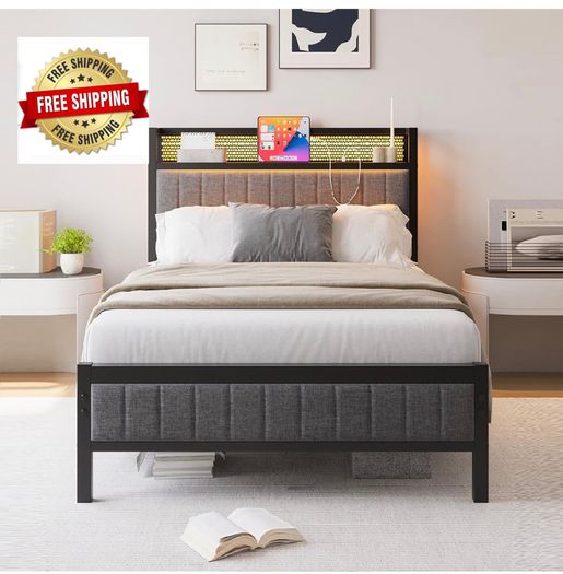Single Bed Frame with Upholstered Headboard, No Box Spring Needed Wooden Storage Headboard Shelf, 3ft Upholstered Bed Frame with Charging Station/USB Ports and LED Lights (Gray Single Bed)