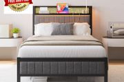 Single Bed Frame with Upholstered Headboard, No Box Spring Needed Wooden Storage Headboard Shelf, 3ft Upholstered Bed Frame with Charging Station/USB Ports and LED Lights (Gray Single Bed)
