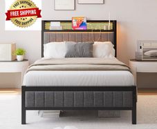 Single Bed Frame with Upholstered Headboard, No Box Spring Needed Wooden Storage Headboard Shelf, 3ft Upholstered Bed Frame with Charging Station/USB Ports and LED Lights (Gray Single Bed)