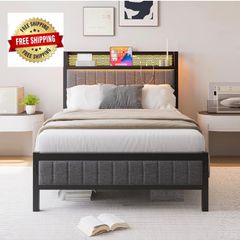 Single Bed Frame with Upholstered Headboard, No Box Spring Needed Wooden Storage Headboard Shelf, 3ft Upholstered Bed Frame with Charging Station/USB Ports and LED Lights (Gray Single Bed)