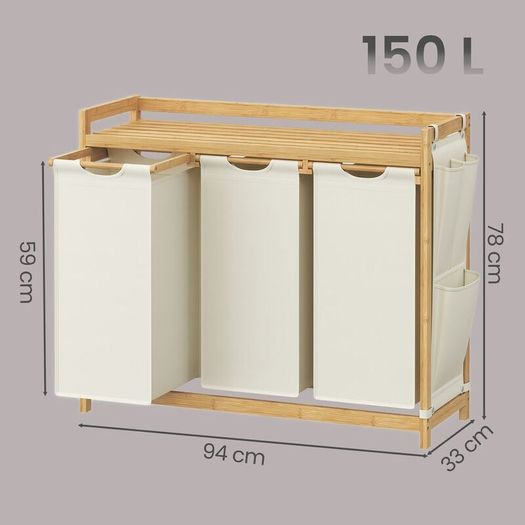 Bamboo Laundry Sorter with 3 Removable Bags and Storage Shelf 150L
