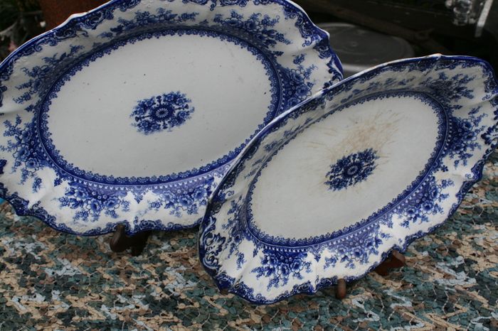 Vintage Ironstone Blue and white Transfer Serving Plates HUDSON WILCOX & TILL - England 16"x12" and 14"x11"