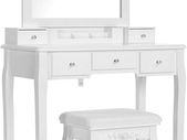_dressing table set, dressing table, with mirror, padded stool, 5 drawers, pull-out jewelry shelf with 6 compartments, gift idea, for bedroom, white