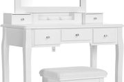 _dressing table set, dressing table, with mirror, padded stool, 5 drawers, pull-out jewelry shelf with 6 compartments, gift idea, for bedroom, white
