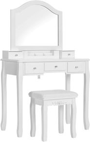 _dressing table set, dressing table, with mirror, padded stool, 5 drawers, pull-out jewelry shelf with 6 compartments, gift idea, for bedroom, white