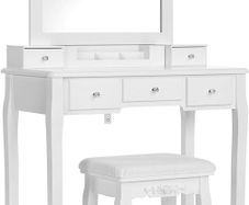 _dressing table set, dressing table, with mirror, padded stool, 5 drawers, pull-out jewelry shelf with 6 compartments, gift idea, for bedroom, white