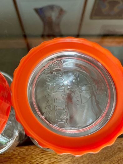 Pair Vintage 500ml 1970s Ravenhead Glass Kilner Jars With Orange Screw Lids