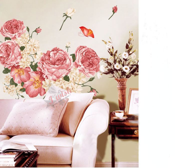 Big Luxury Peony Flowers Wall Stickers Mural Decals Art DIY