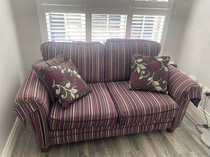 Quality Grey stripped Sofa with matching arm covers and cushions